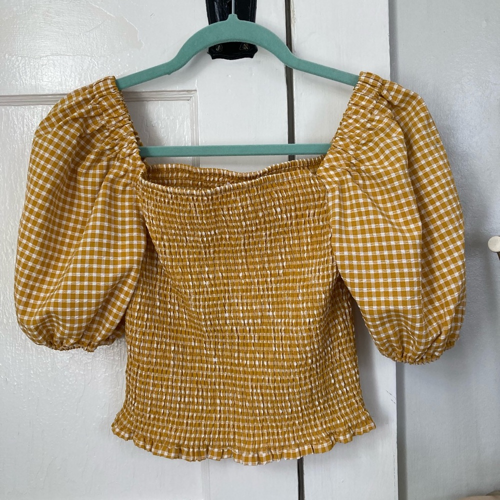 BB Dakota Steve Madden Mustard Gingham Smocked Puff-Sleeve Crop Top